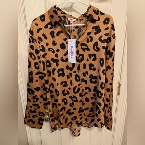 GeeGee Women's Animal Print Blouse - Tan and Black Size Large